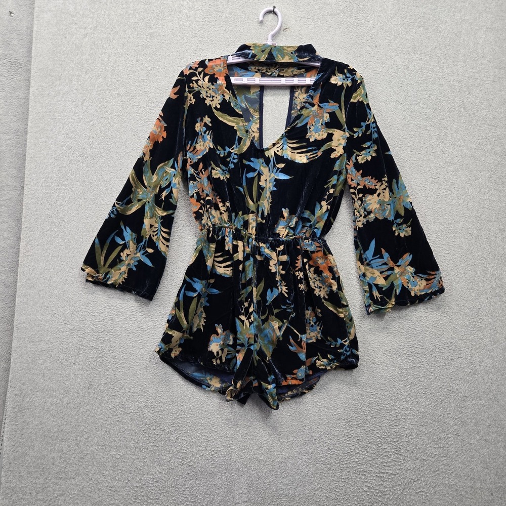 Stella Laguna Beach Women Romper M Blue Leaf Print Velvet Flared Sleeve NWT